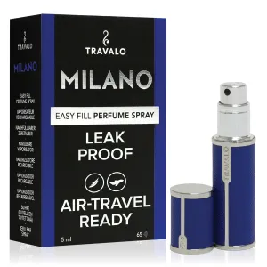 Travalo Milano Perfume Atomizer - Travel Refill TSA Approved - Reusable, Airtight, Easy Fill Mini Pump Sprayer - Lightweight, Portable, Vegan Leather with Polished Metal Outer Shell - Blue 0.17oz