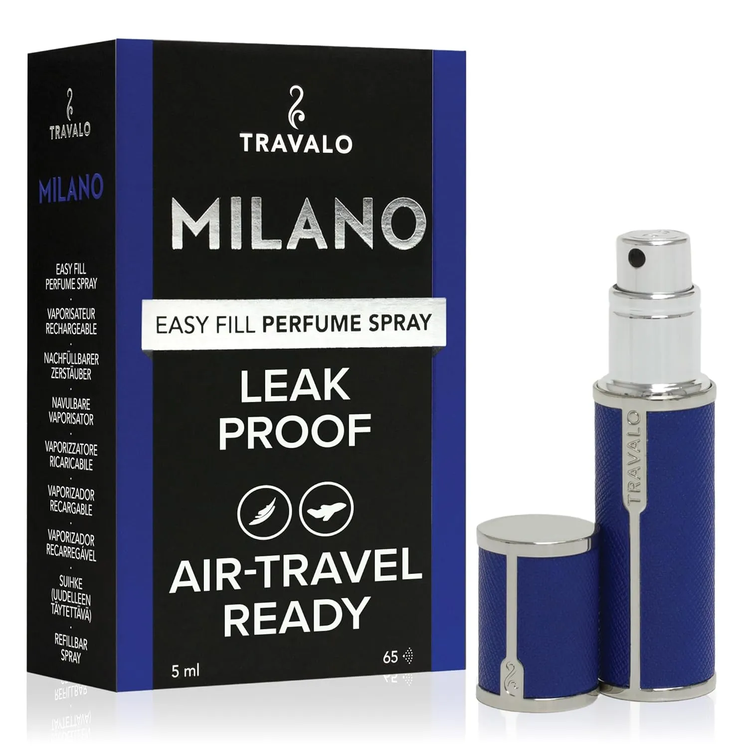 Travalo Milano Perfume Atomizer - Travel Refill TSA Approved - Reusable, Airtight, Easy Fill Mini Pump Sprayer - Lightweight, Portable, Vegan Leather with Polished Metal Outer Shell - Blue 0.17oz