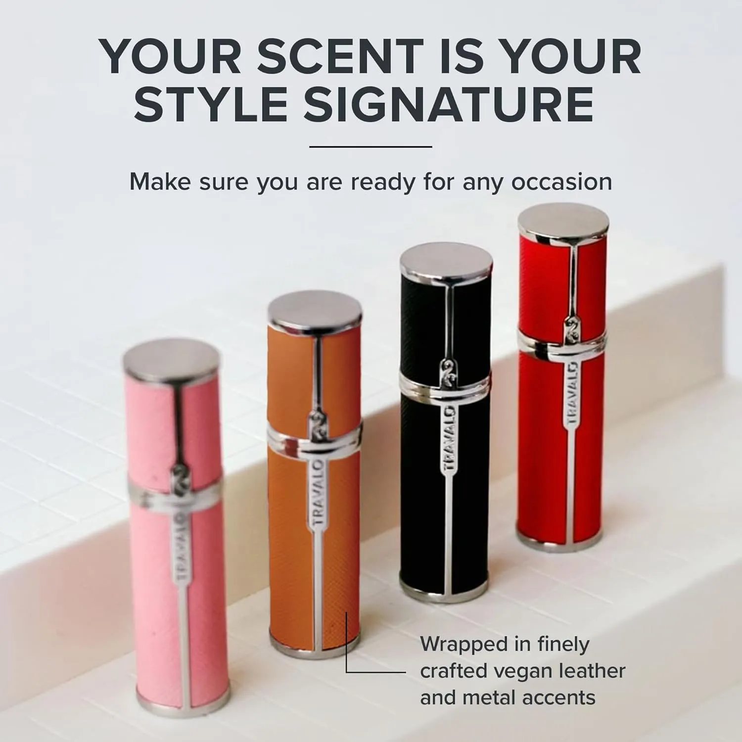 Travalo Milano Perfume Atomizer - Travel Refill TSA Approved - Reusable, Airtight, Easy Fill Mini Pump Sprayer - Lightweight, Portable, Vegan Leather with Polished Metal Outer Shell - Orange 0.17oz