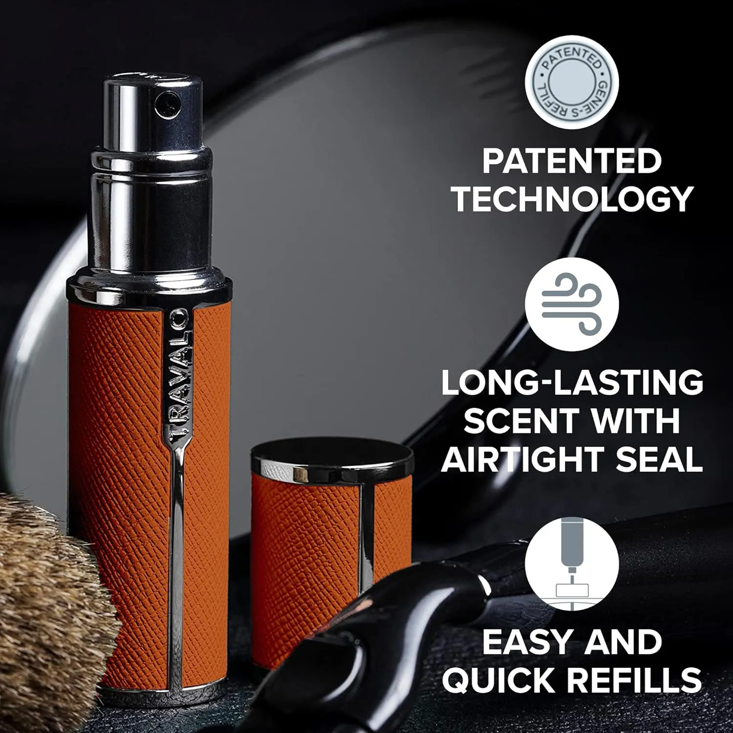 Travalo Milano Perfume Atomizer - Travel Refill TSA Approved - Reusable, Airtight, Easy Fill Mini Pump Sprayer - Lightweight, Portable, Vegan Leather with Polished Metal Outer Shell - Orange 0.17oz