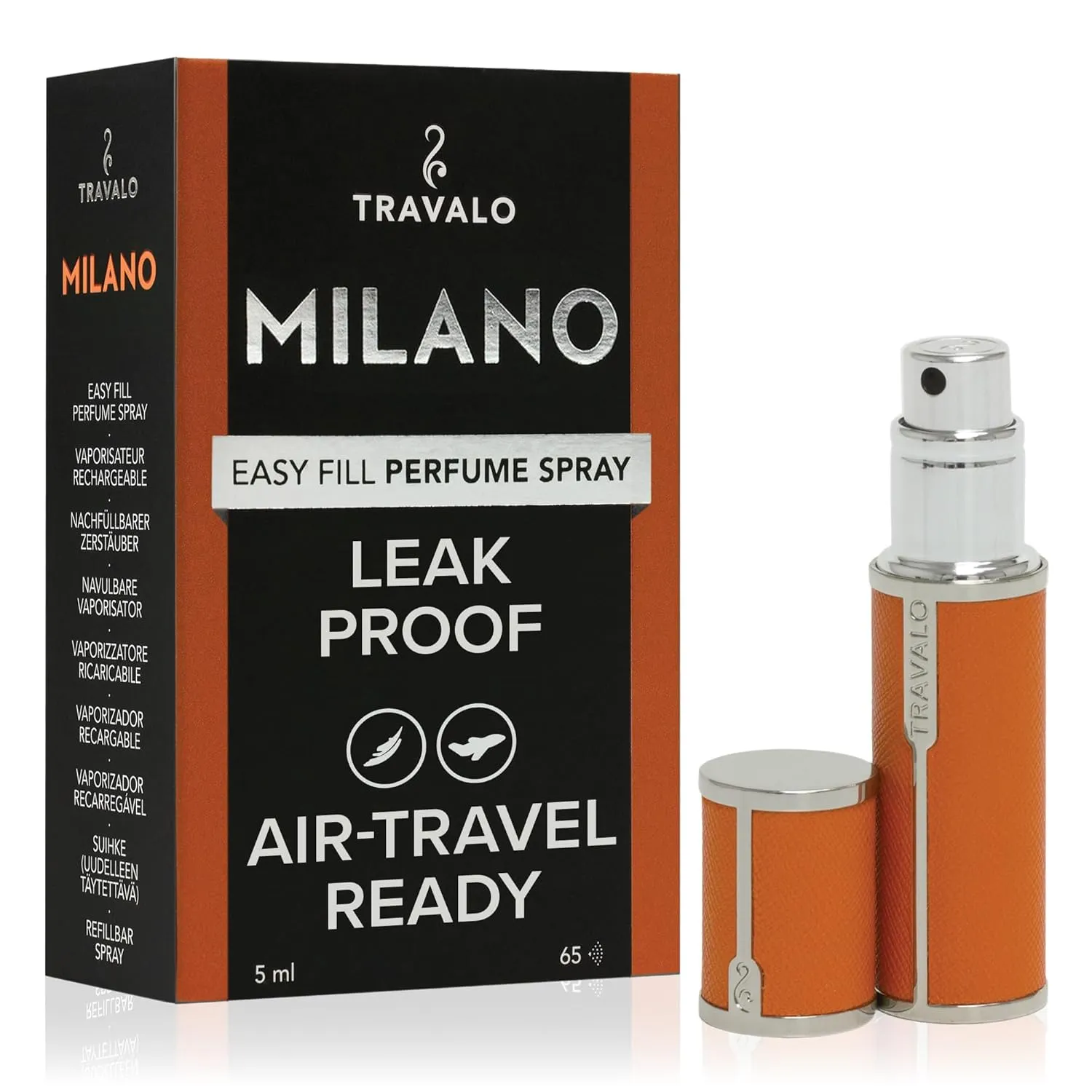 Travalo Milano Perfume Atomizer - Travel Refill TSA Approved - Reusable, Airtight, Easy Fill Mini Pump Sprayer - Lightweight, Portable, Vegan Leather with Polished Metal Outer Shell - Orange 0.17oz