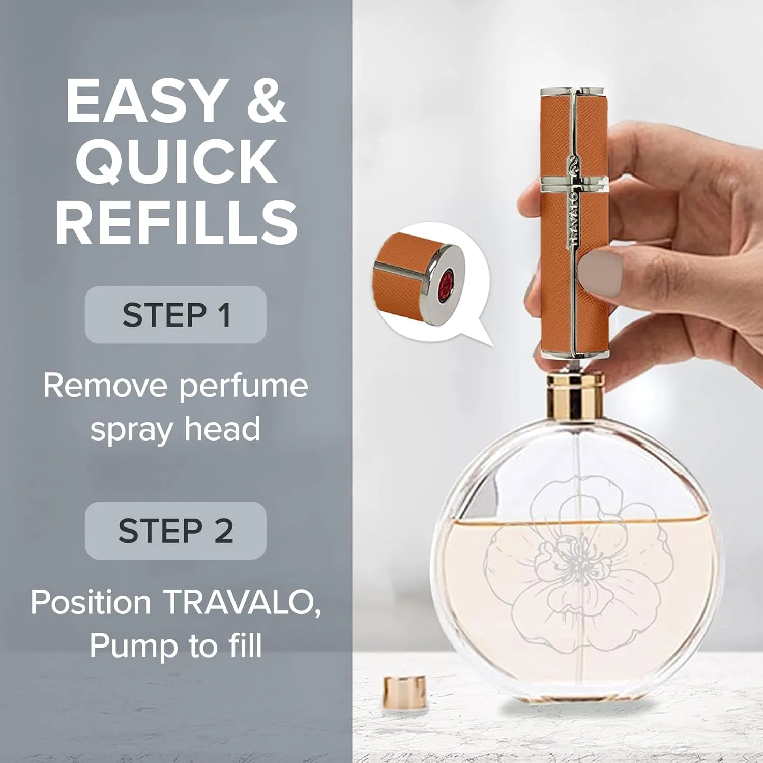 Travalo Milano Perfume Atomizer - Travel Refill TSA Approved - Reusable, Airtight, Easy Fill Mini Pump Sprayer - Lightweight, Portable, Vegan Leather with Polished Metal Outer Shell - Orange 0.17oz