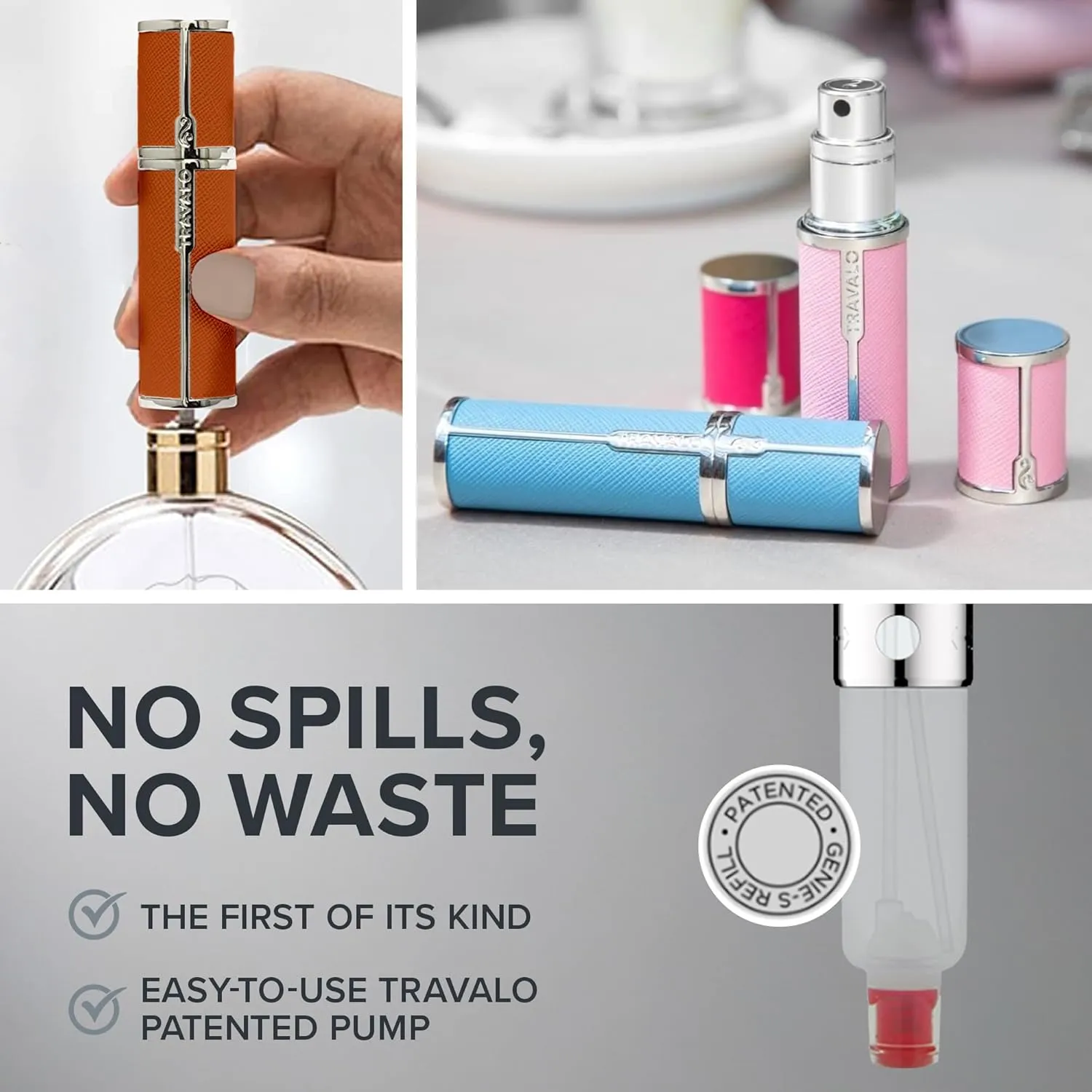 Travalo Milano Perfume Atomizer - Travel Refill TSA Approved - Reusable, Airtight, Easy Fill Mini Pump Sprayer - Lightweight, Portable, Vegan Leather with Polished Metal Outer Shell - Orange 0.17oz