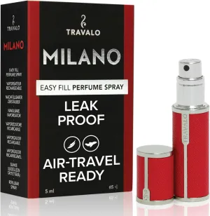 Travalo Milano Perfume Atomizer - Travel Refill TSA Approved - Reusable, Airtight, Easy Fill Mini Pump Sprayer - Lightweight, Portable, Vegan Leather with Polished Metal Outer Shell - Red 0.17oz