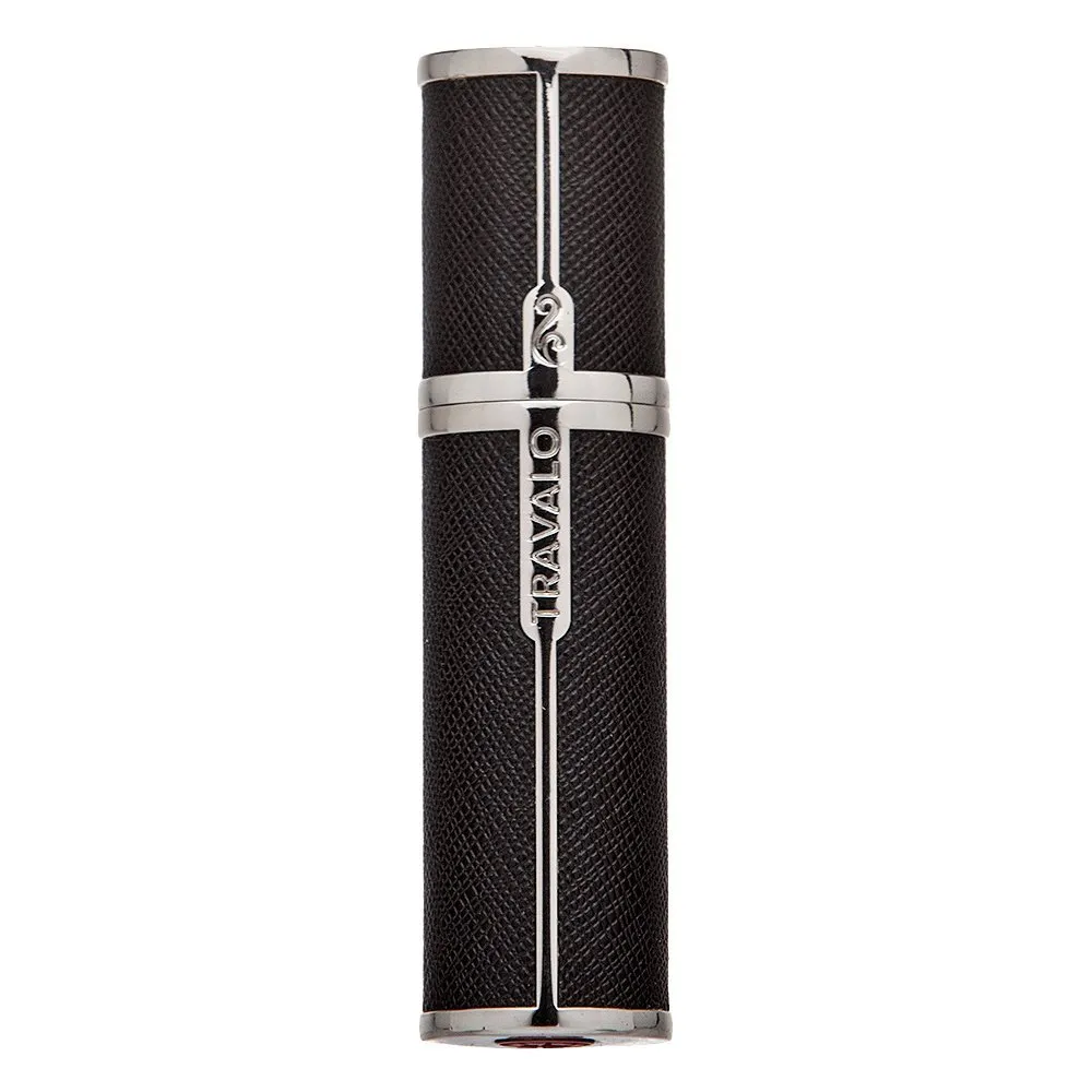 Travalo Milano Perfume Atomizer Travel Refill U-Change System TSA Approved Reusable Airtight Easy Fill Mini Pump Sprayer Lightweight Portable Vegan Leather with Polished Metal Outer Shell Black 0.17oz
