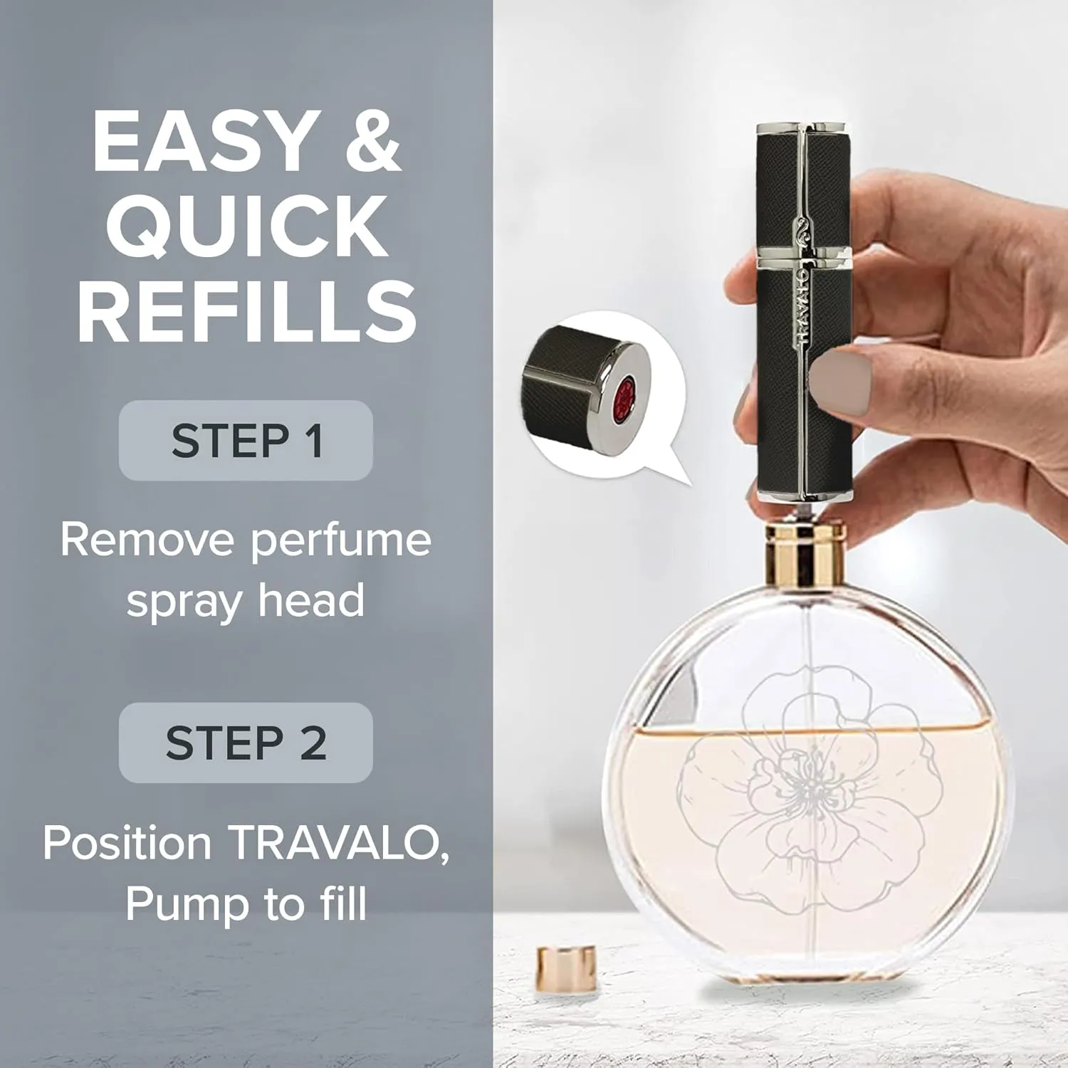 Travalo Milano Perfume Atomizer Travel Refill U-Change System TSA Approved Reusable Airtight Easy Fill Mini Pump Sprayer Lightweight Portable Vegan Leather with Polished Metal Outer Shell Black 0.17oz