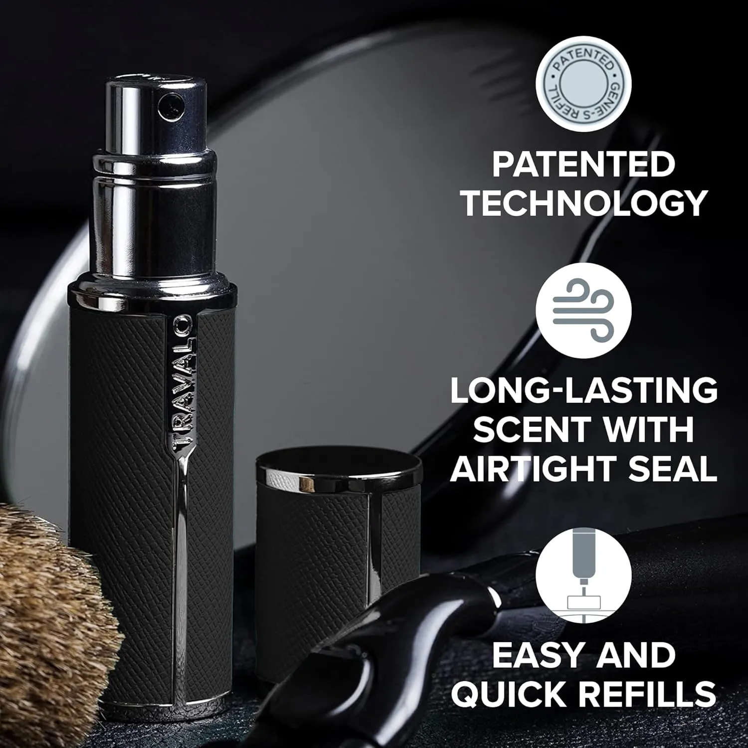 Travalo Milano Perfume Atomizer Travel Refill U-Change System TSA Approved Reusable Airtight Easy Fill Mini Pump Sprayer Lightweight Portable Vegan Leather with Polished Metal Outer Shell Black 0.17oz