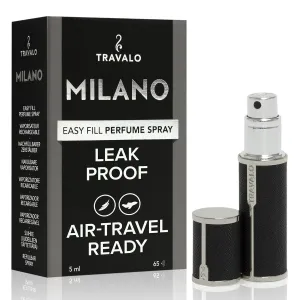 Travalo Milano Perfume Atomizer Travel Refill U-Change System TSA Approved Reusable Airtight Easy Fill Mini Pump Sprayer Lightweight Portable Vegan Leather with Polished Metal Outer Shell Black 0.17oz