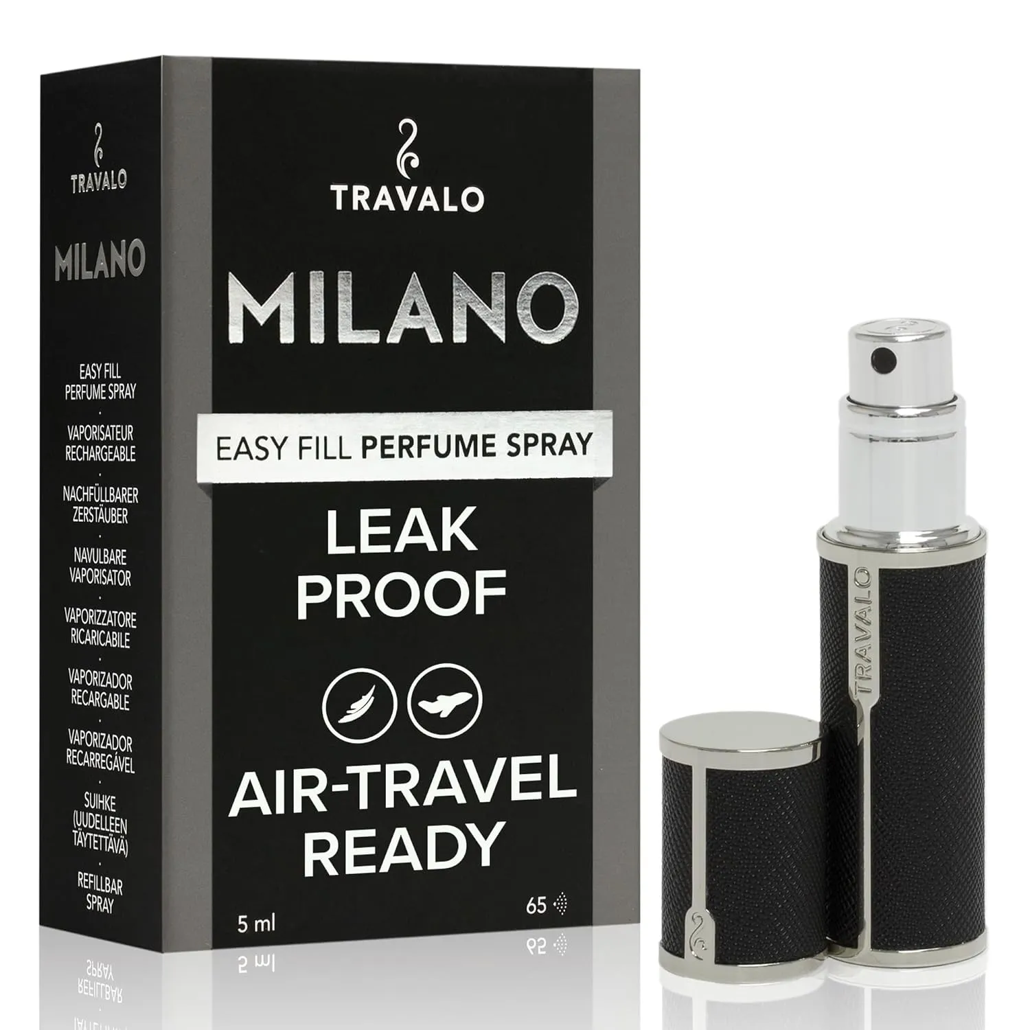 Travalo Milano Perfume Atomizer Travel Refill U-Change System TSA Approved Reusable Airtight Easy Fill Mini Pump Sprayer Lightweight Portable Vegan Leather with Polished Metal Outer Shell Black 0.17oz