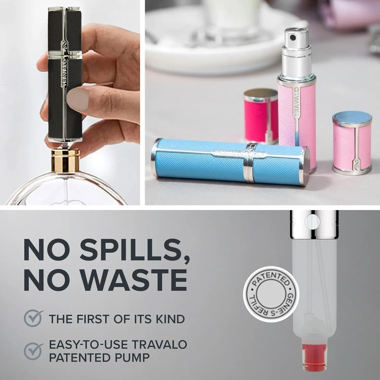 Travalo Milano Perfume Atomizer Travel Refill U-Change System TSA Approved Reusable Airtight Easy Fill Mini Pump Sprayer Lightweight Portable Vegan Leather with Polished Metal Outer Shell Black 0.17oz