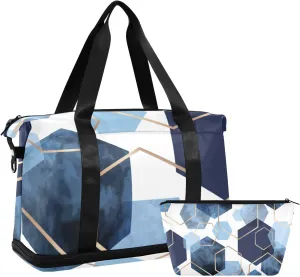 Travel Duffel Bag Blue Modern Hexagonal Tile Gym Duffel Bag for Men & Women with Shoe & Wet Compartment Shoulder Weekender Overnight Bag