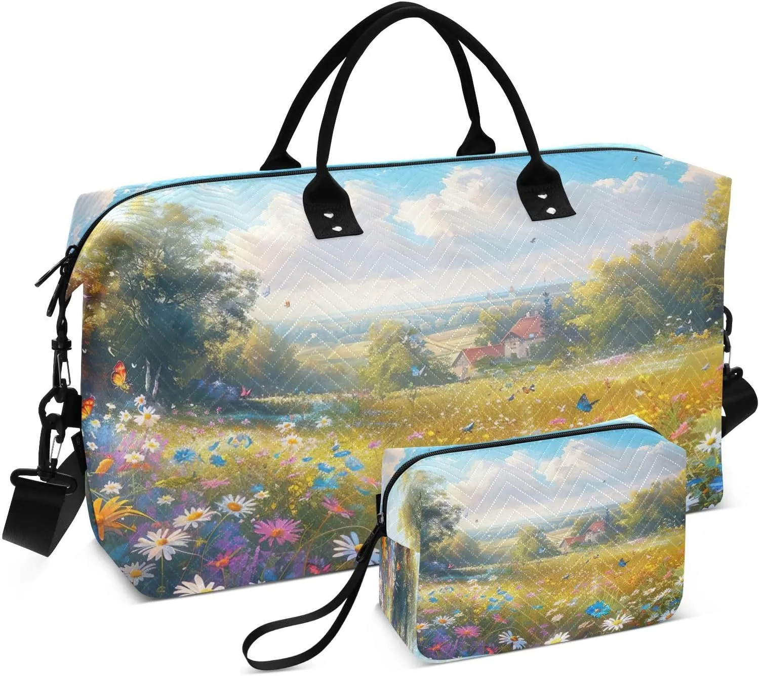Travel Duffel Bag Large Weekender Overnight Bags for Women Men, Beautiful Meadow Gym Bag with Toiletry Bag