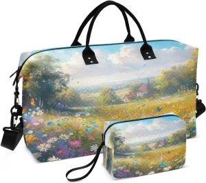 Travel Duffel Bag Large Weekender Overnight Bags for Women Men, Beautiful Meadow Gym Bag with Toiletry Bag