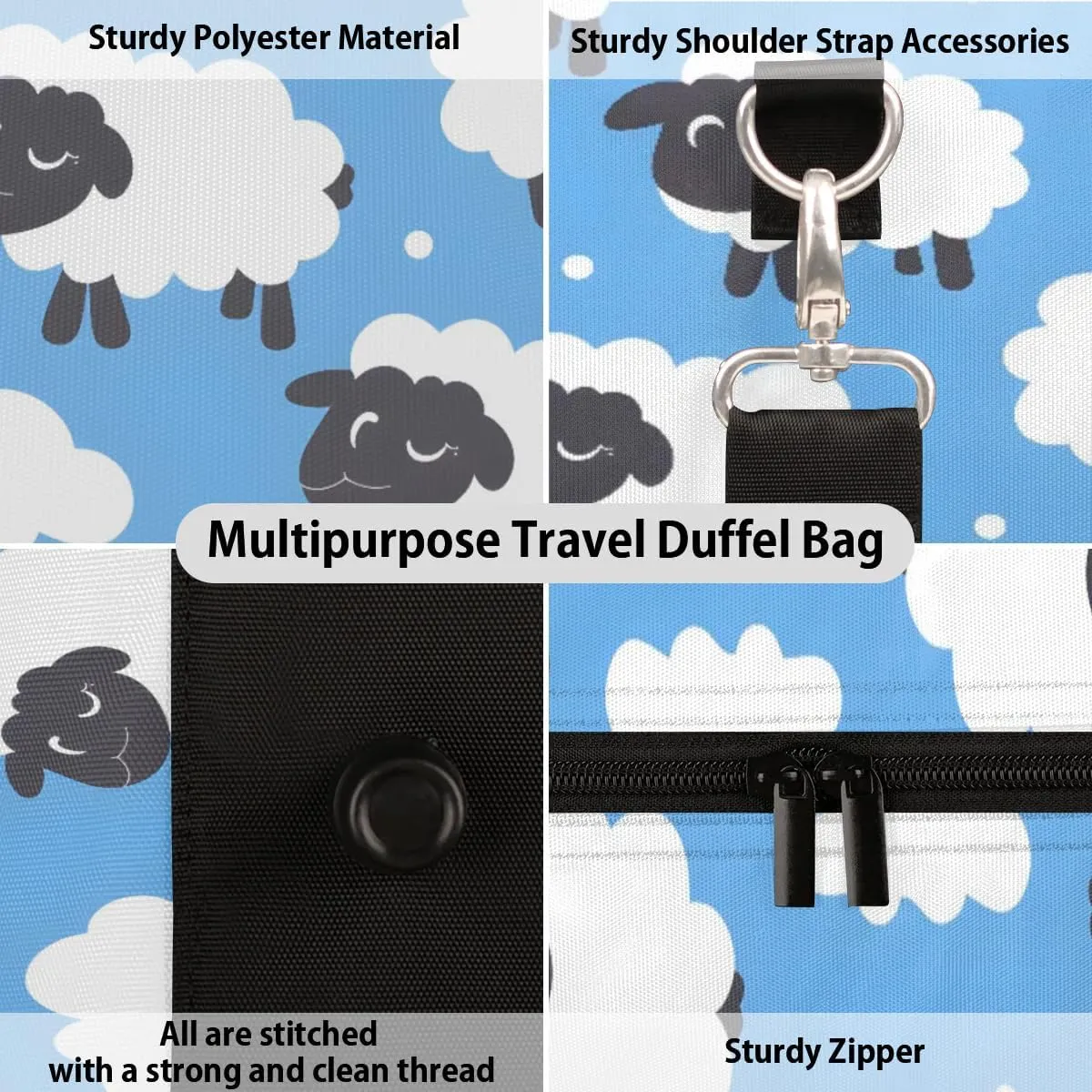 Travel Duffle Bag Cartoon Sheep Gym Bags for Men Women Travel Duffel Bags with Adjustable Shoulder Strap Carry On Weekender Bag