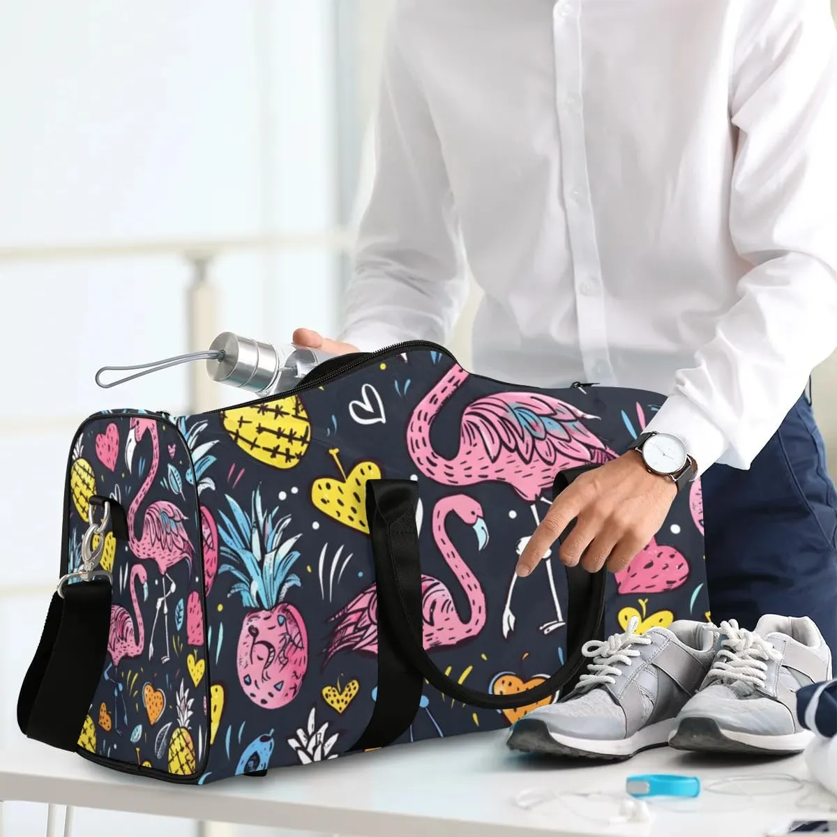 Travel Duffle Bag Flamingo Pineapple Print Gym Bags for Men Women Travel Duffel Bags with Adjustable Shoulder Strap Carry On Weekender Bag