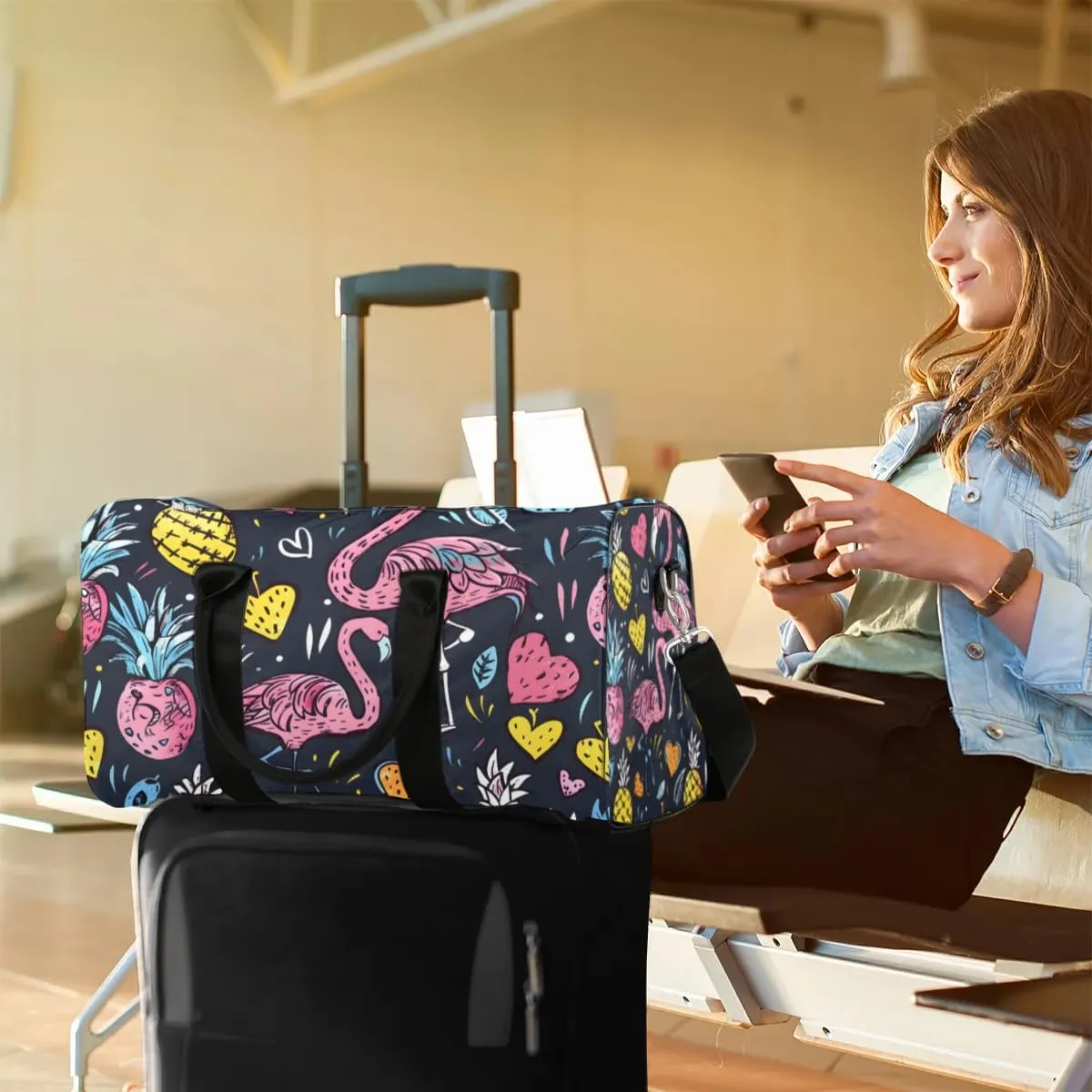 Travel Duffle Bag Flamingo Pineapple Print Gym Bags for Men Women Travel Duffel Bags with Adjustable Shoulder Strap Carry On Weekender Bag