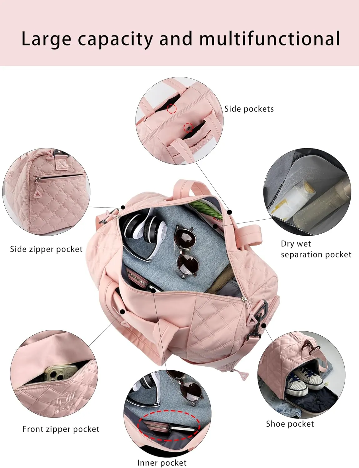 Travel Duffle Bag for Women Weekender Bag Luggage with Toiletry bag Shoe Pocket for Hospital,Gym and Airplane Travel,Pink