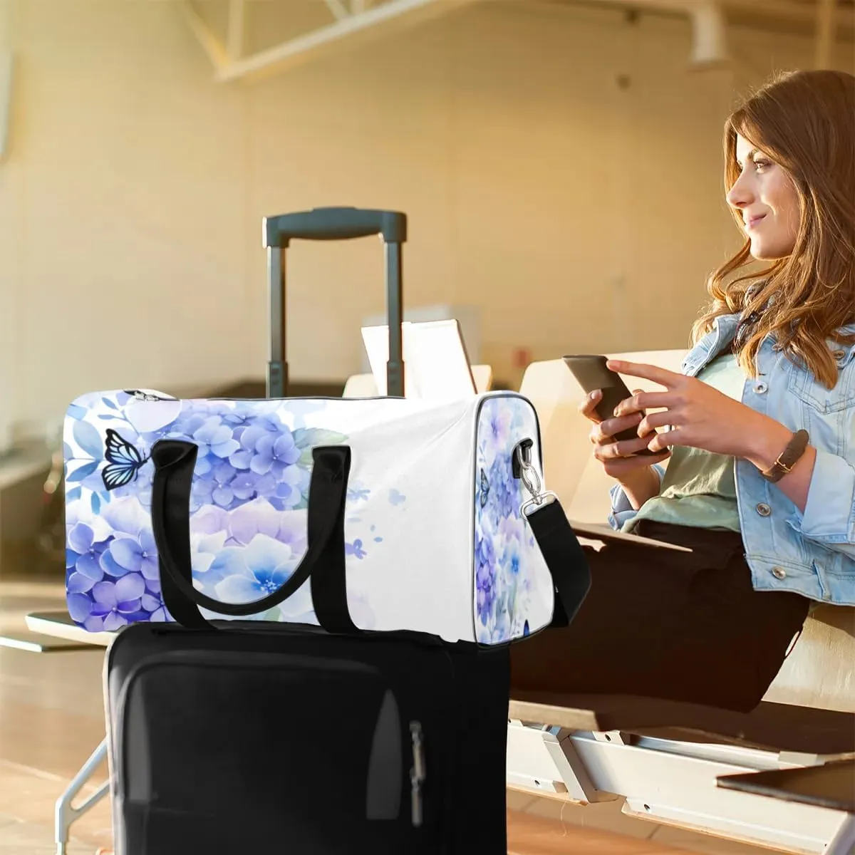 Travel Duffle Bag Hydrangea Butterfly Gym Bags for Men Women Travel Duffel Bags with Adjustable Shoulder Strap Carry On Weekender Bag