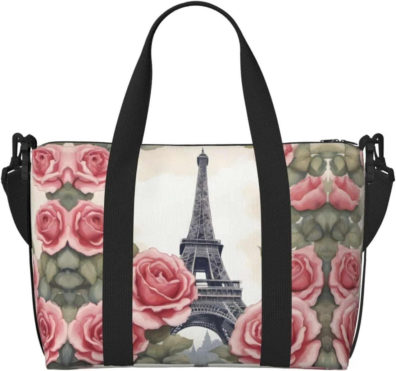 Travel Duffle Bag Weekender Bag Carry On Tote Bag Sport Gym Bag for Women Men Eiffel Tower Rose Flower Print