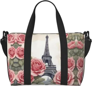 Travel Duffle Bag Weekender Bag Carry On Tote Bag Sport Gym Bag for Women Men Eiffel Tower Rose Flower Print