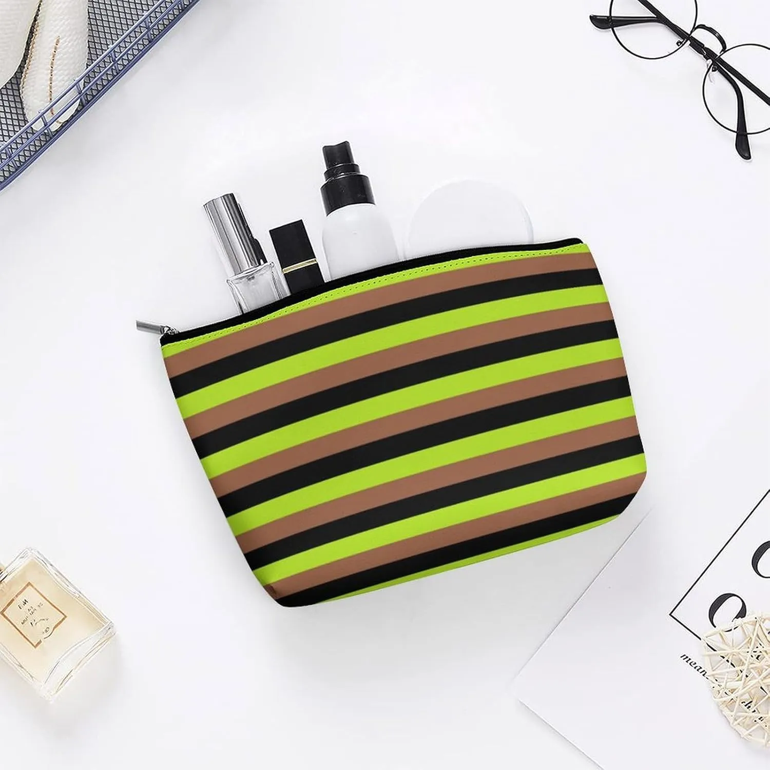 Travel Makeup Bag, Black, Lime Green and Brown Stripes Cosmetic Bags for Women Large Capacity Waterproof Toiletry Pouch Make up Organizer