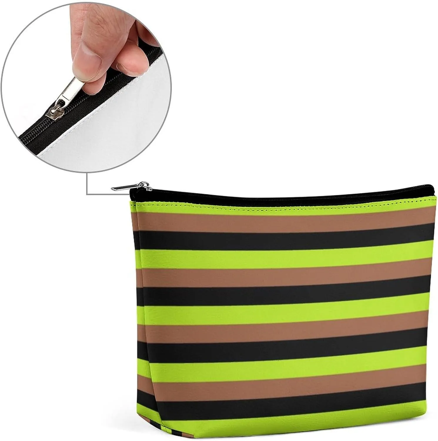 Travel Makeup Bag, Black, Lime Green and Brown Stripes Cosmetic Bags for Women Large Capacity Waterproof Toiletry Pouch Make up Organizer