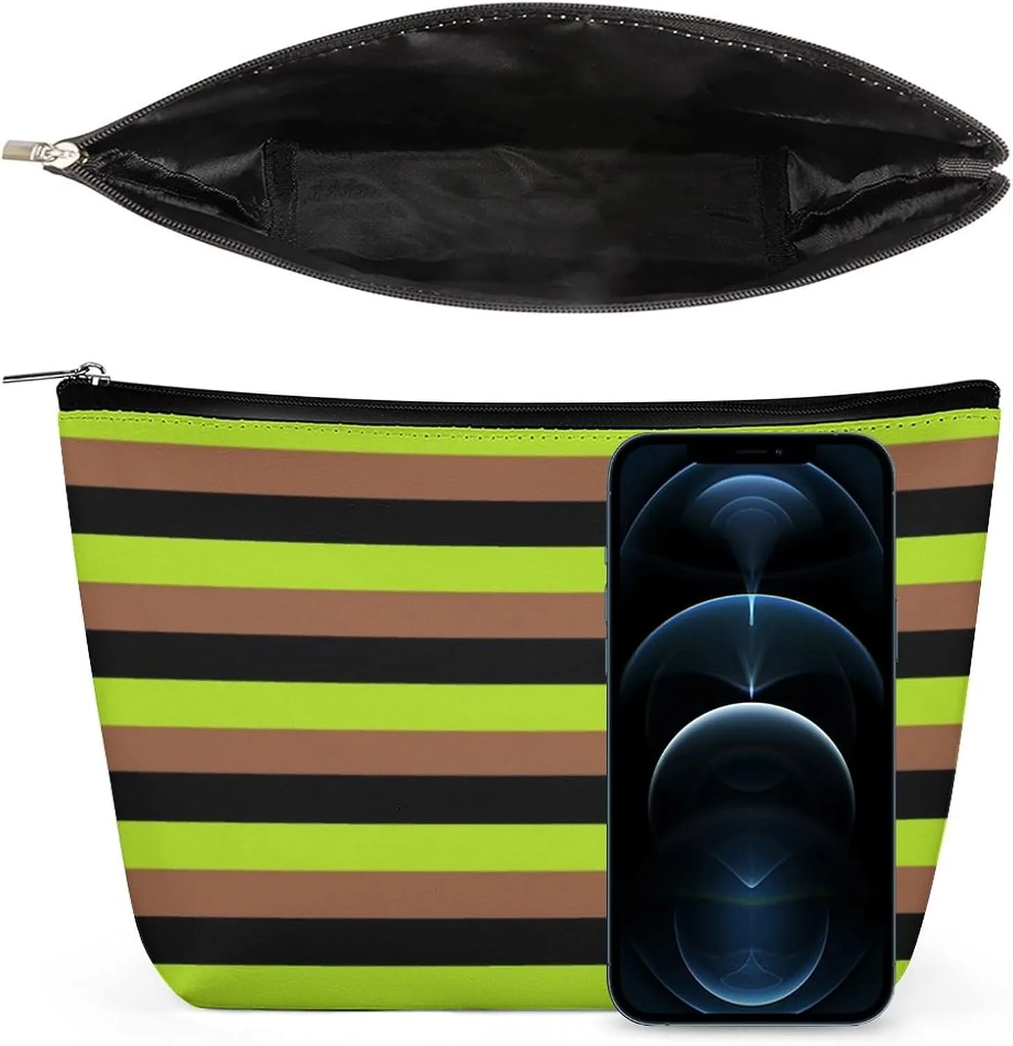 Travel Makeup Bag, Black, Lime Green and Brown Stripes Cosmetic Bags for Women Large Capacity Waterproof Toiletry Pouch Make up Organizer