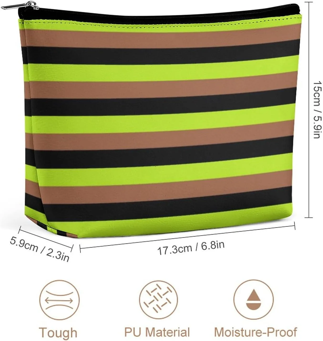 Travel Makeup Bag, Black, Lime Green and Brown Stripes Cosmetic Bags for Women Large Capacity Waterproof Toiletry Pouch Make up Organizer
