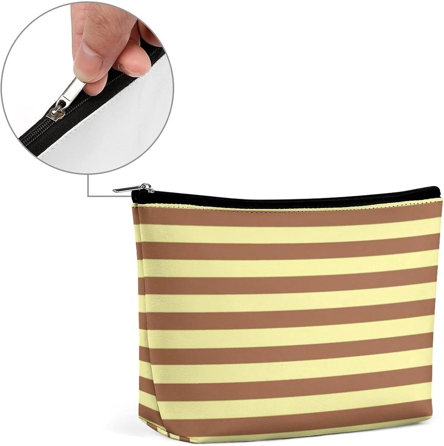 Travel Makeup Bag, Pale Yellow and Brown Stripes Cosmetic Bags for Women Large Capacity Waterproof Toiletry Pouch Make up Organizer
