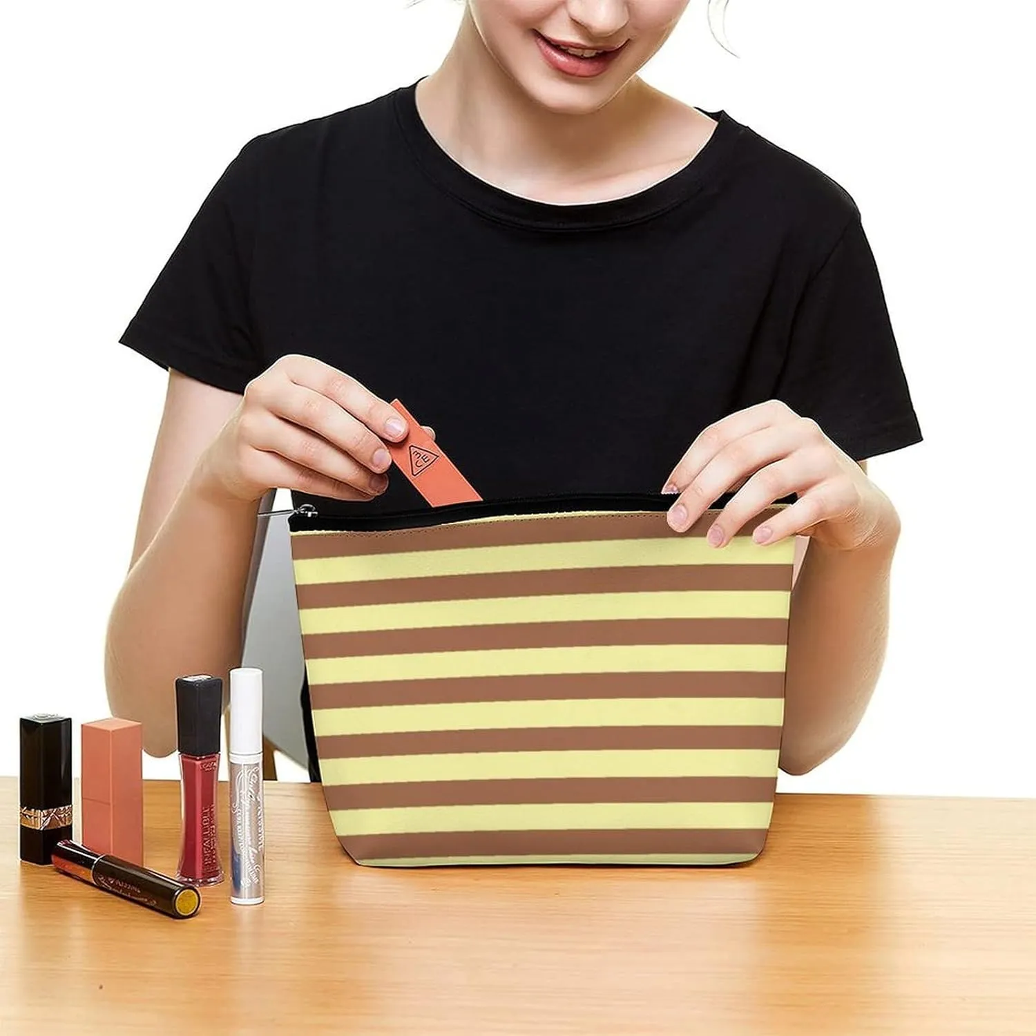 Travel Makeup Bag, Pale Yellow and Brown Stripes Cosmetic Bags for Women Large Capacity Waterproof Toiletry Pouch Make up Organizer