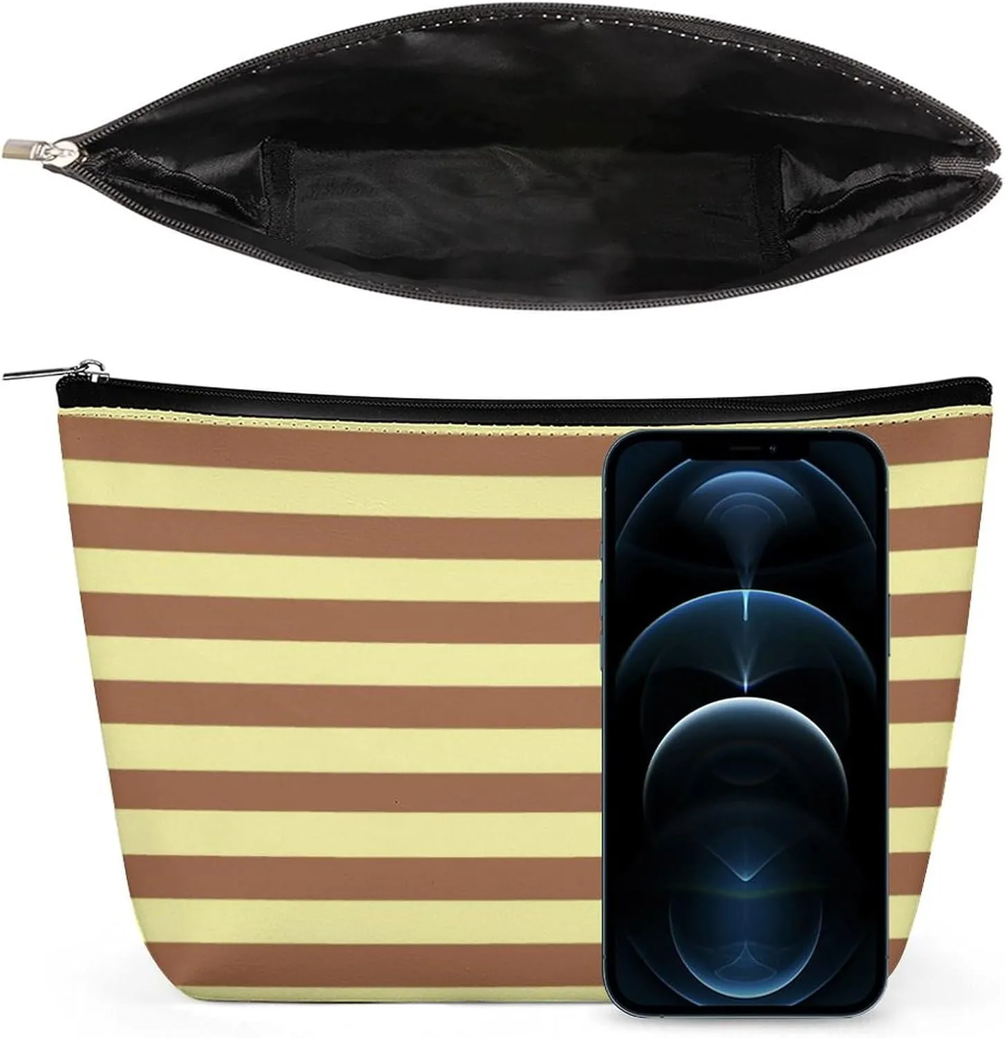 Travel Makeup Bag, Pale Yellow and Brown Stripes Cosmetic Bags for Women Large Capacity Waterproof Toiletry Pouch Make up Organizer