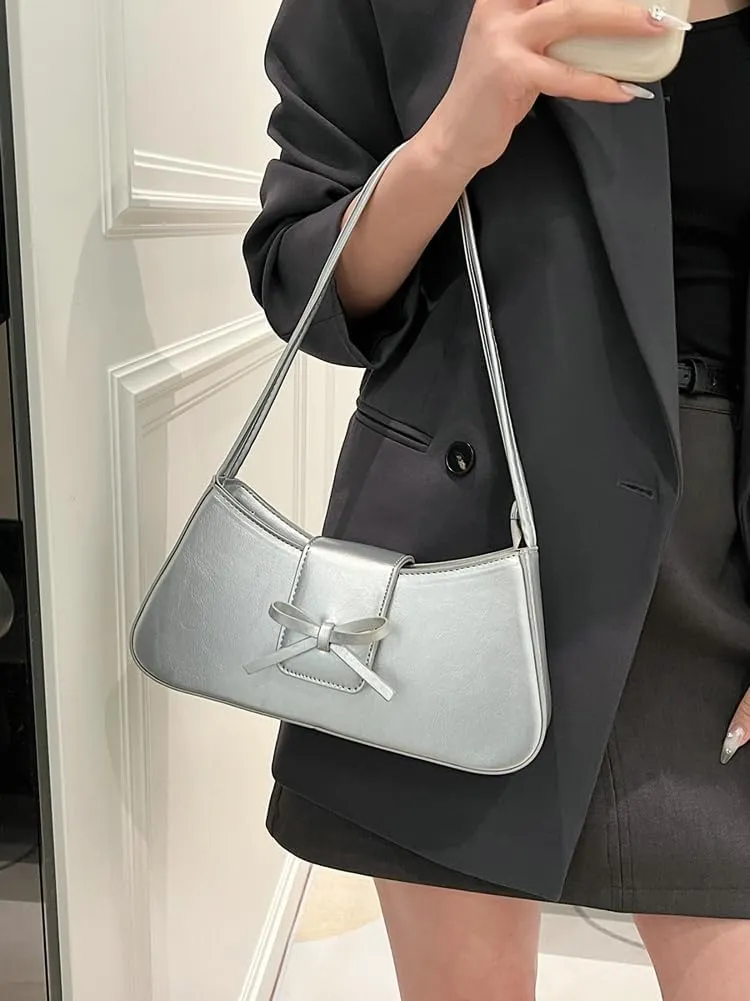 Trendy Shoulder Bag for Women Crescent Hobo Handbags Small Y2K Purses Patent Leather Clutch Bag Cute Bow Purse 2025