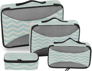 Turquoise Grey Chevron in Retro Vintage Style 4 PCs Set Packing Bags, Luggage Organizer Bag, Portable Cube Toiletry bag, Durable Travel Cosmetic Storage Bag for Men Women