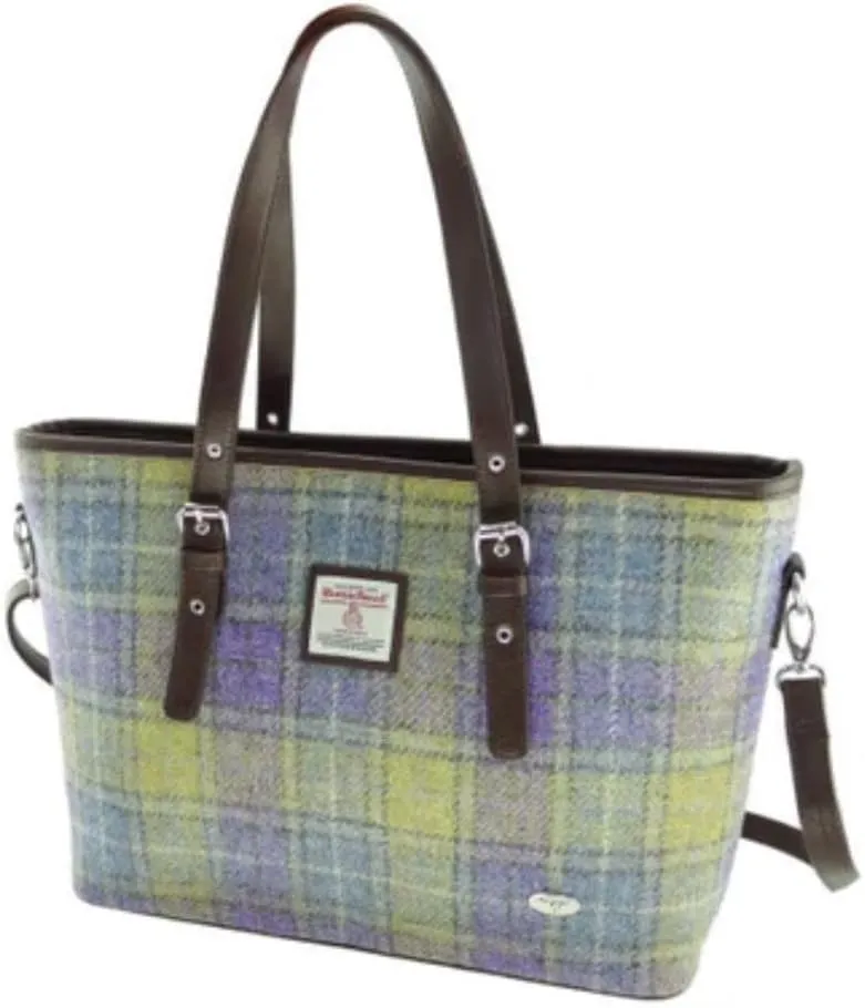 Tweed Bag for Women Tote Handbags Spey Large Made in Scotland (Lilac & Lime Green Tartan)