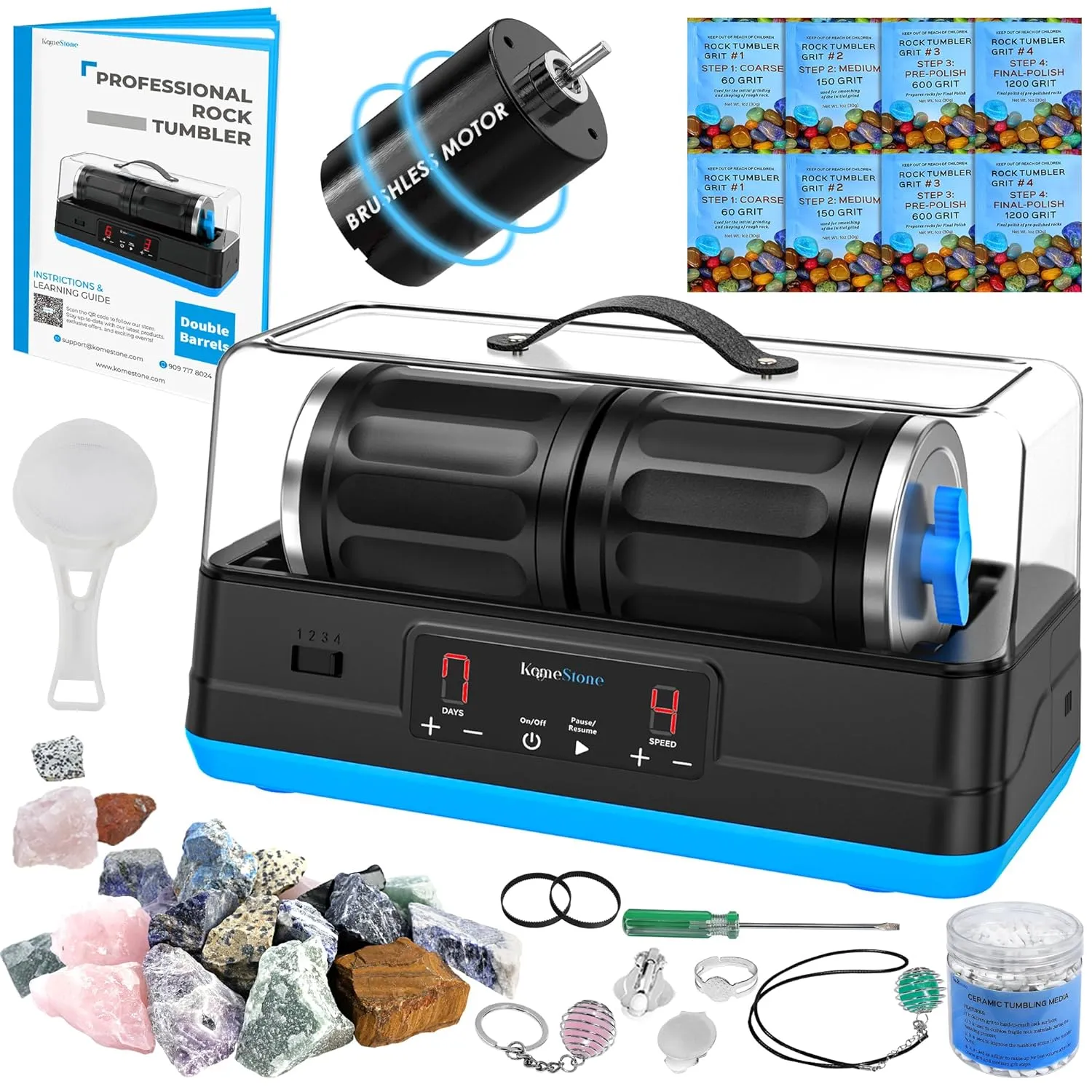 Ultra Quiet Rock Tumbler Kit, Professional Brushless Motor & Double-Barrel for 7 LBS Capacity, 6X Noise Cancelling Rock Polisher for Rock Collectors with All Accessories, Ideal Gift for Adults