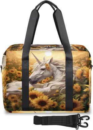Unicorn Sunflowers Bed Womens Travel Bags, Weekender Carry on for Women, Sports Gym Bag, Workout Duffel bag, Overnight Shoulder Bag