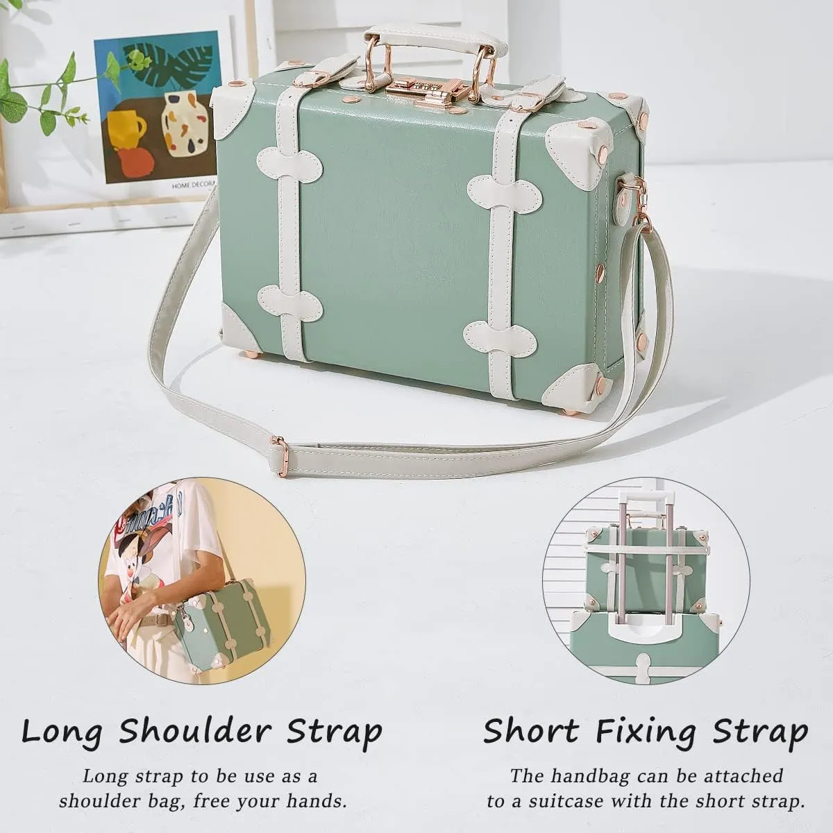 Unitravel 2 Piece Vintage Suitcase Set, 26 inch Handmade Faux Leather Luggage for Women with 12 inch Cosmetic Train Case Handbag (Matcha Green)