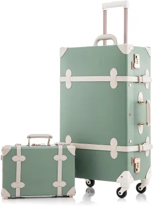 Unitravel 2 Piece Vintage Suitcase Set, 26 inch Handmade Faux Leather Luggage for Women with 12 inch Cosmetic Train Case Handbag (Matcha Green)