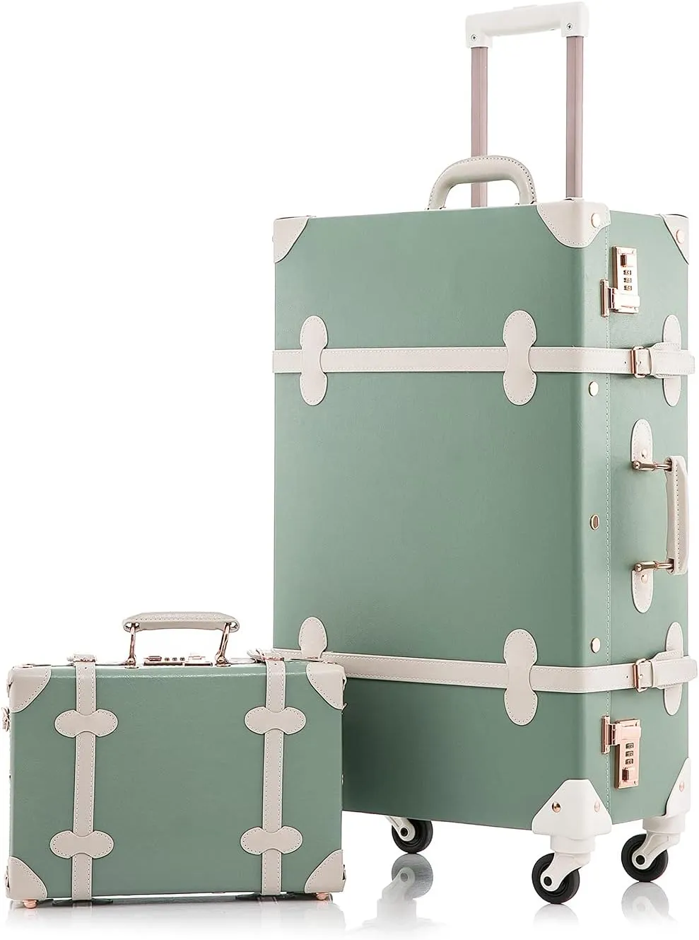 Unitravel 2 Piece Vintage Suitcase Set, 26 inch Handmade Faux Leather Luggage for Women with 12 inch Cosmetic Train Case Handbag (Matcha Green)