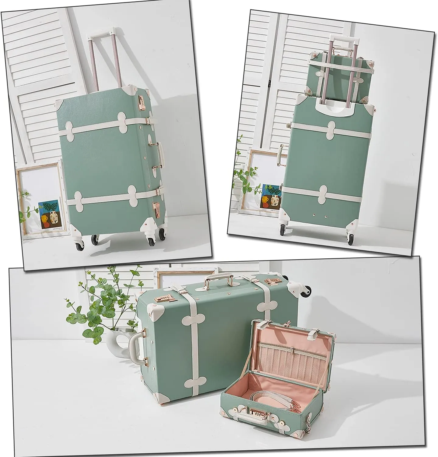 Unitravel 2 Piece Vintage Suitcase Set, 26 inch Handmade Faux Leather Luggage for Women with 12 inch Cosmetic Train Case Handbag (Matcha Green)