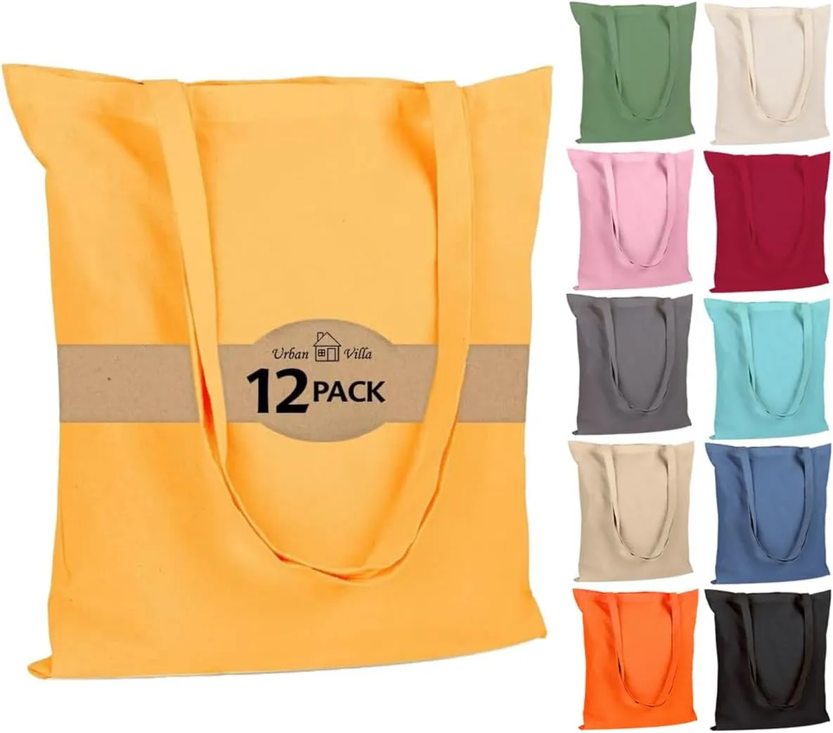 Urban Villa 12 Pack Reusable Grocery Bags 15’’x16’’ with 27’’ long Handle Mustard Color 100% Cotton Tote Bags Medium Weight Grocery Shopping Cloth Bags Great Choice for Promotion Gift DIY Advertising