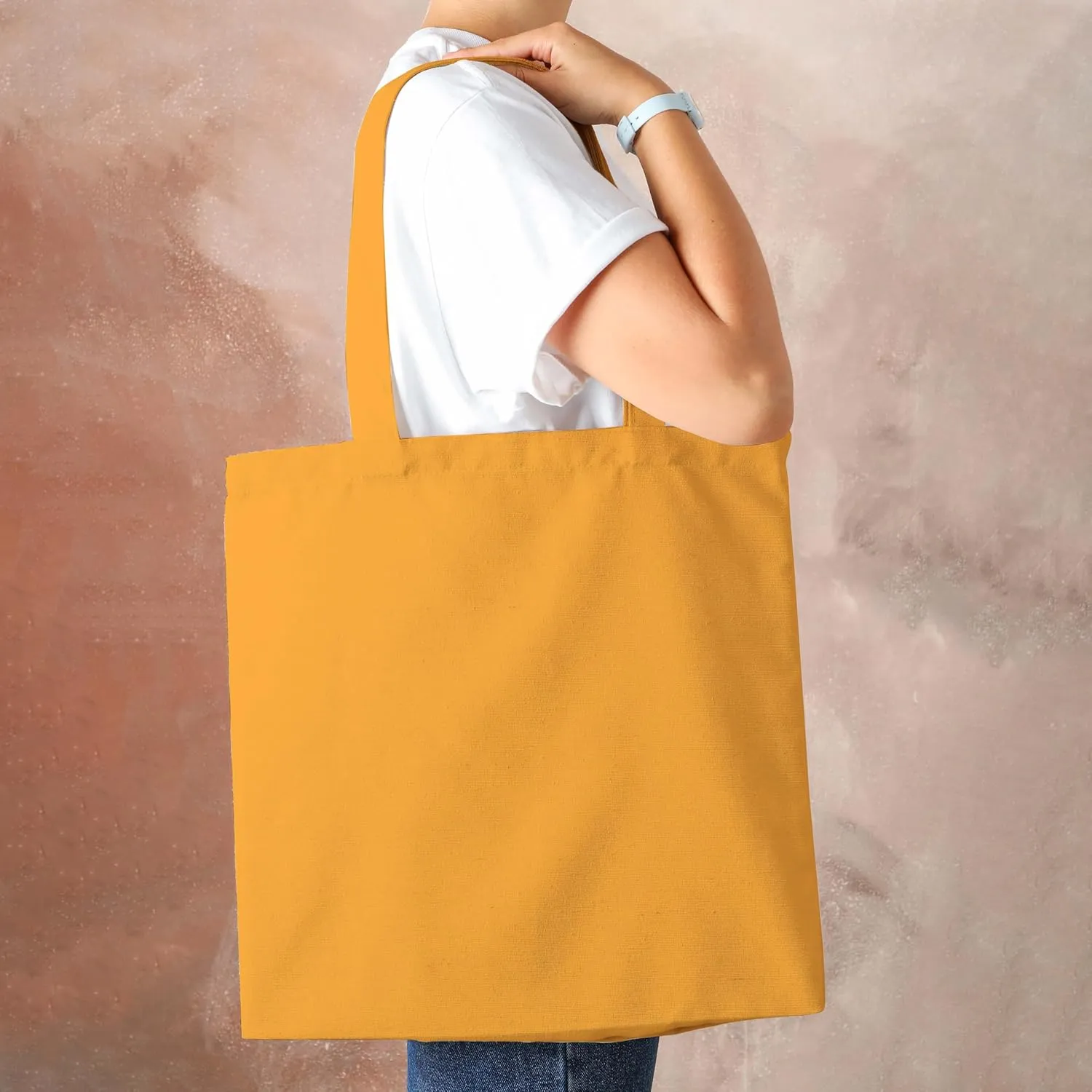 Urban Villa 12 Pack Reusable Grocery Bags 15’’x16’’ with 27’’ long Handle Mustard Color 100% Cotton Tote Bags Medium Weight Grocery Shopping Cloth Bags Great Choice for Promotion Gift DIY Advertising