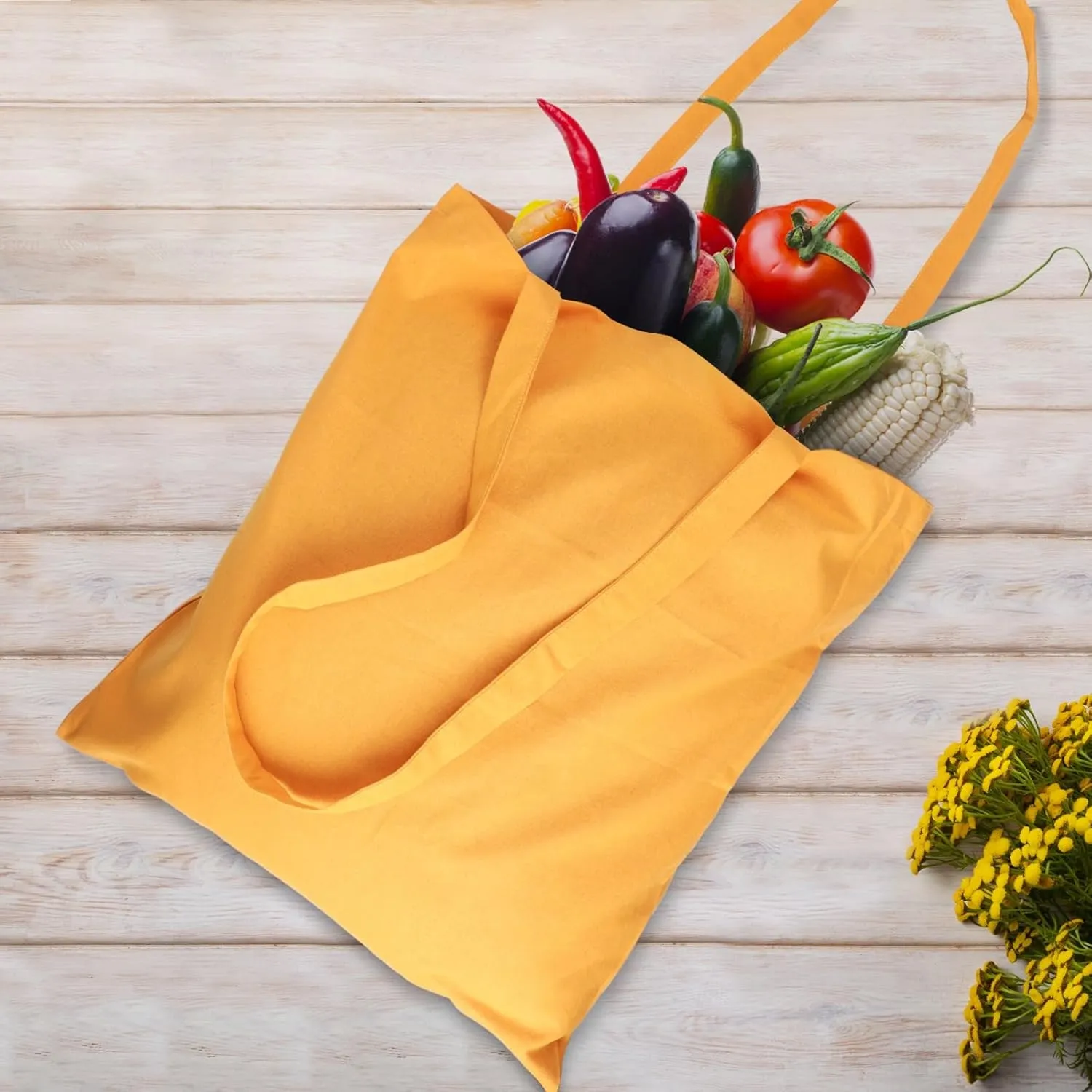 Urban Villa 12 Pack Reusable Grocery Bags 15’’x16’’ with 27’’ long Handle Mustard Color 100% Cotton Tote Bags Medium Weight Grocery Shopping Cloth Bags Great Choice for Promotion Gift DIY Advertising
