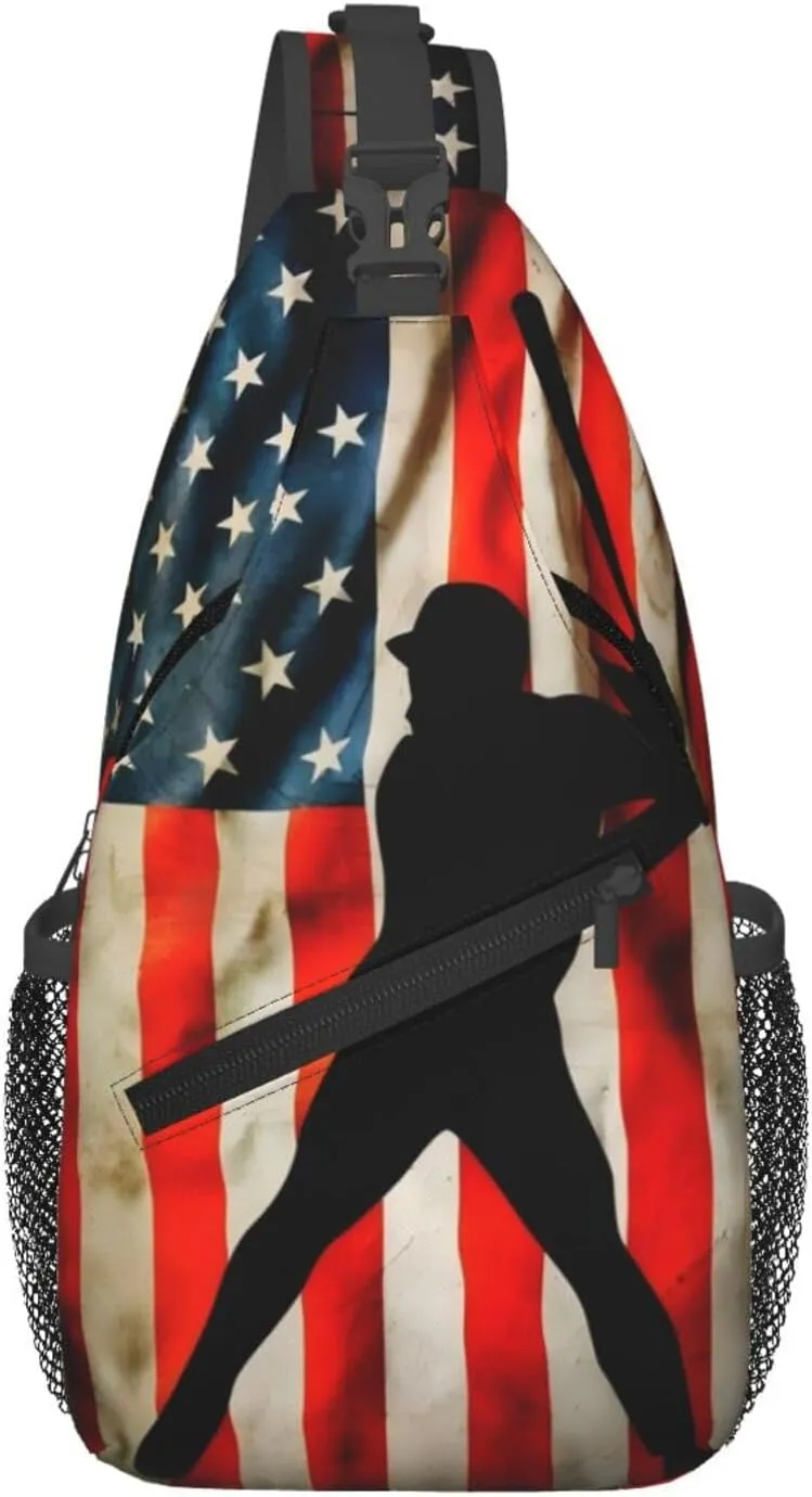 Vintage American Flag Baseball Player Chest Bags Crossbody Sling Bag Shoulder Bag Travel Hiking Daypack For Men Women