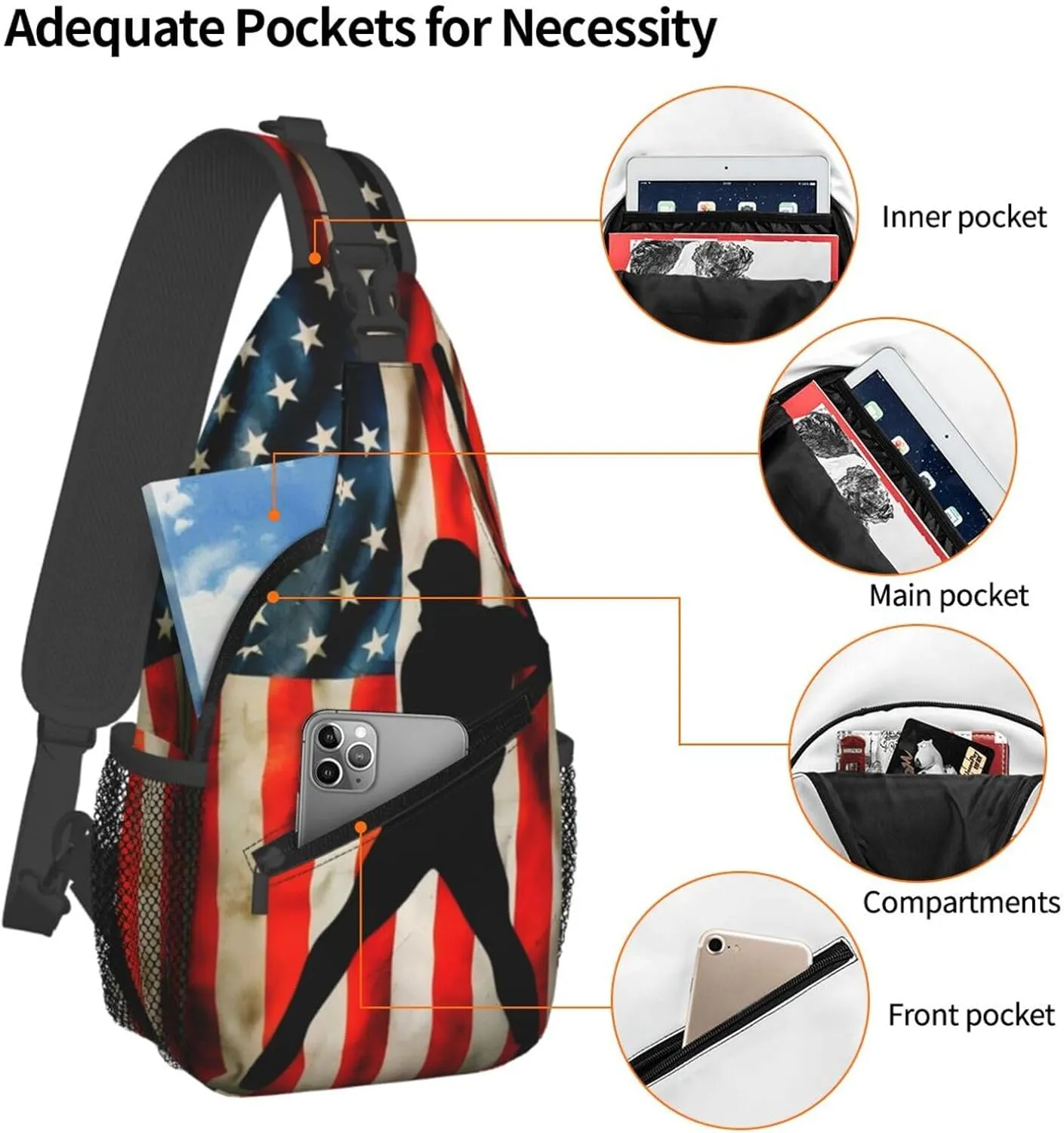 Vintage American Flag Baseball Player Chest Bags Crossbody Sling Bag Shoulder Bag Travel Hiking Daypack For Men Women