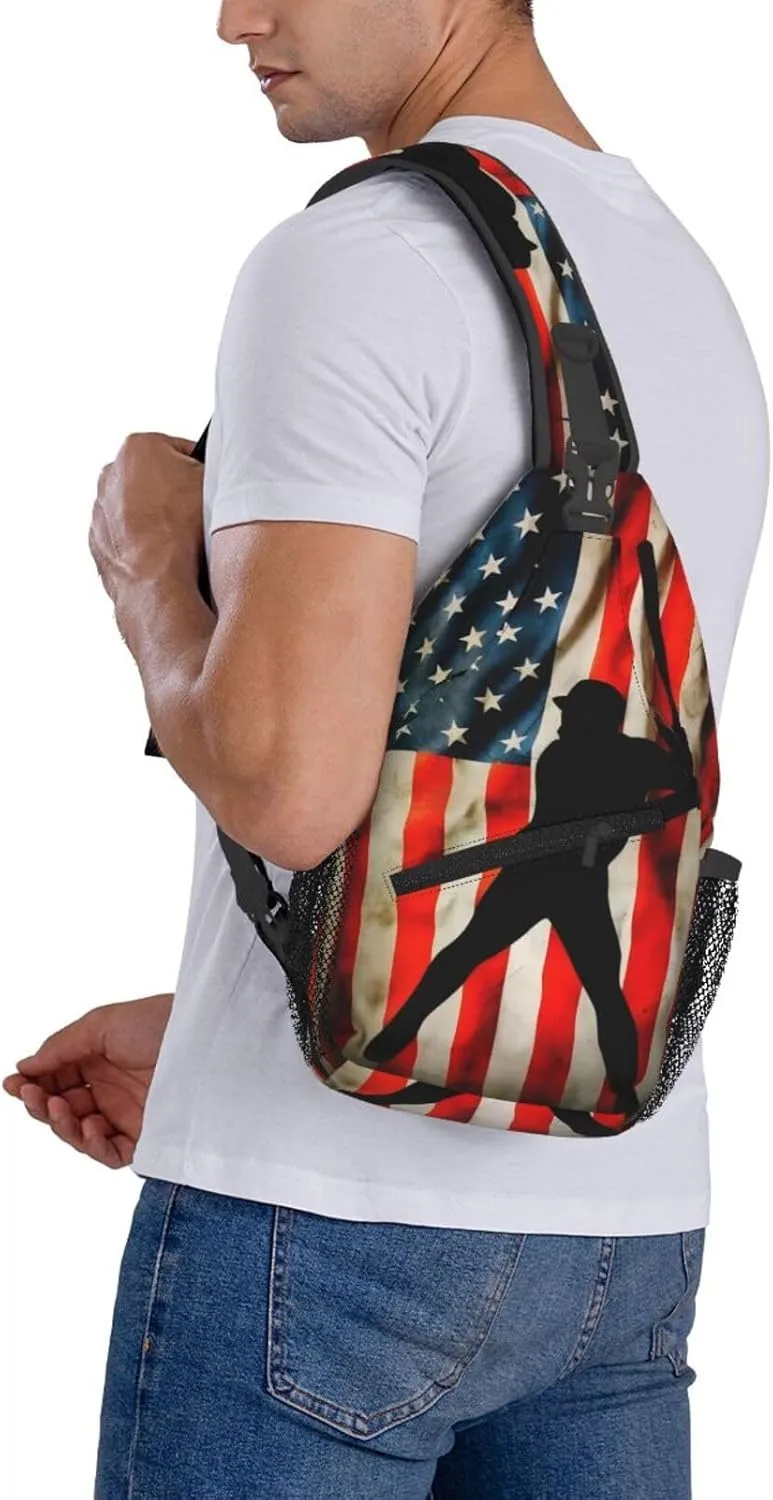Vintage American Flag Baseball Player Chest Bags Crossbody Sling Bag Shoulder Bag Travel Hiking Daypack For Men Women