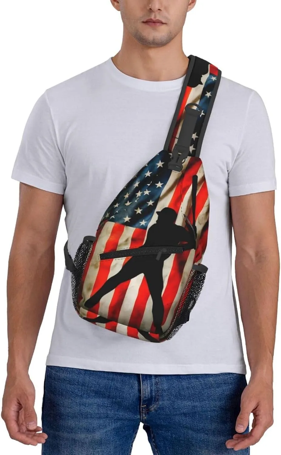 Vintage American Flag Baseball Player Chest Bags Crossbody Sling Bag Shoulder Bag Travel Hiking Daypack For Men Women