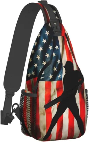 Vintage American Flag Baseball Player Chest Bags Crossbody Sling Bag Shoulder Bag Travel Hiking Daypack For Men Women