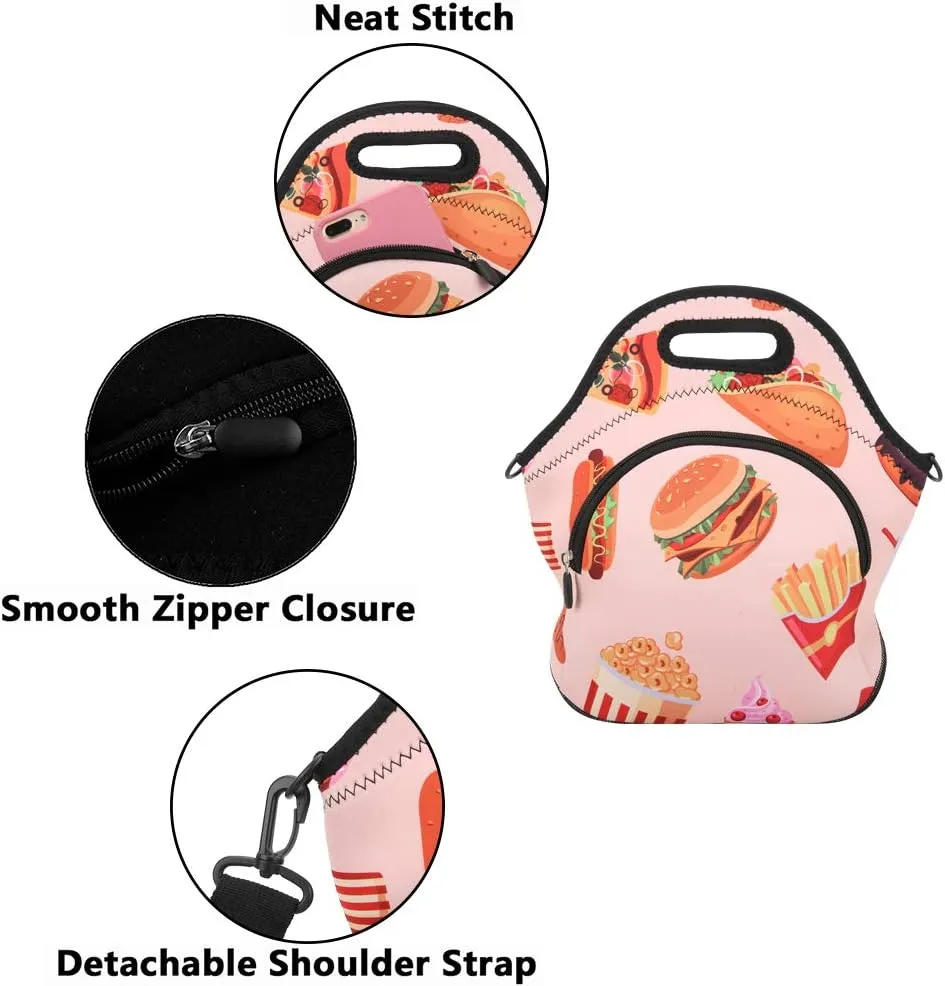 Violet Mist Neoprene Thermal Insulated Lunch Bag Tote Large with Extra Pocket Detachable Adjustable Shoulder Lunchbox Handbags Women men, Hamburger