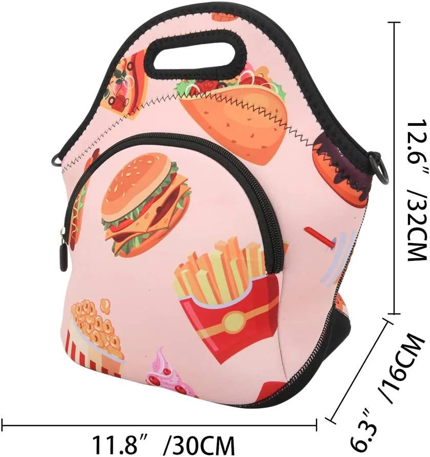 Violet Mist Neoprene Thermal Insulated Lunch Bag Tote Large with Extra Pocket Detachable Adjustable Shoulder Lunchbox Handbags Women men, Hamburger